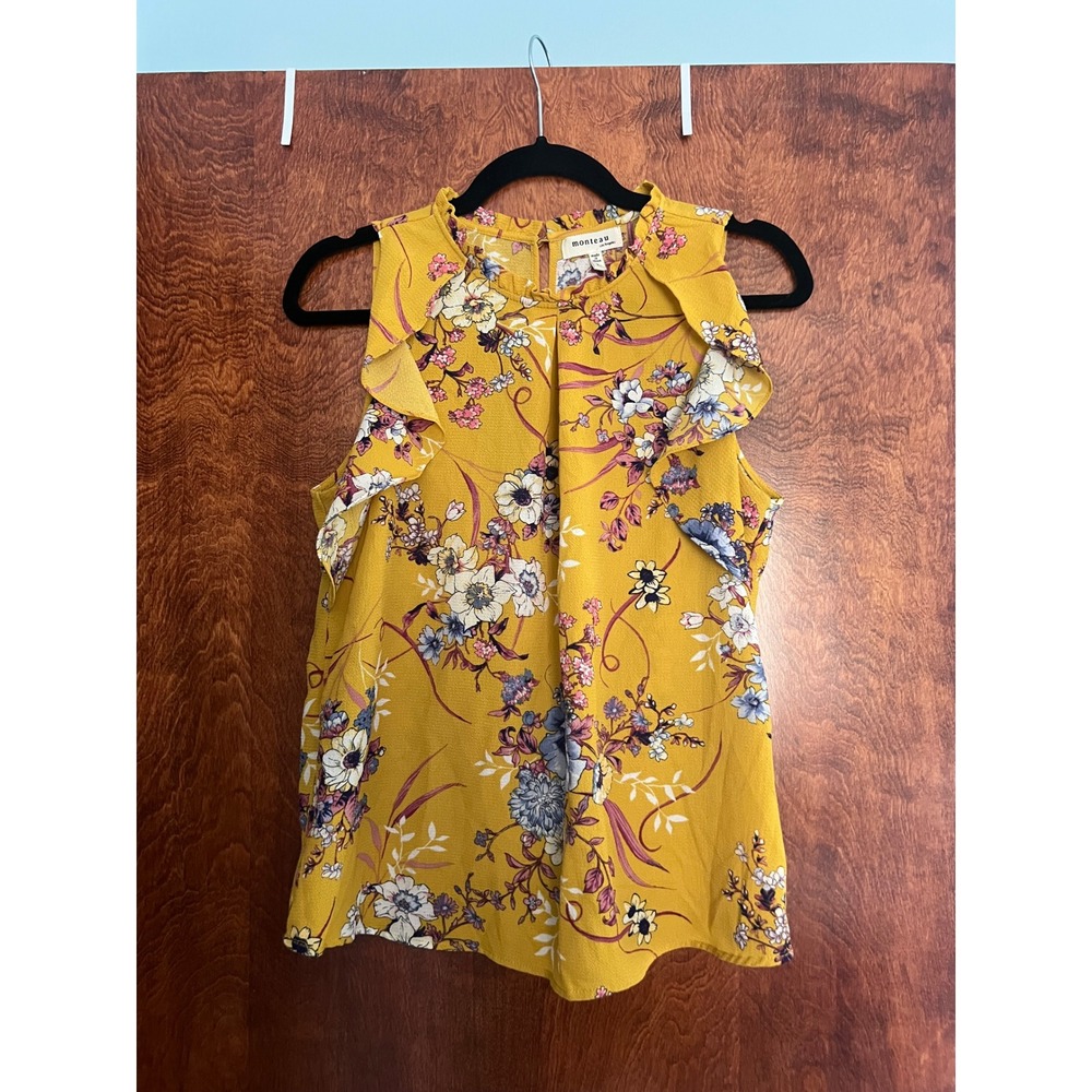 Monteau Blouse Womens Large Yellow Floral Ruffle High Neck Sleeveless